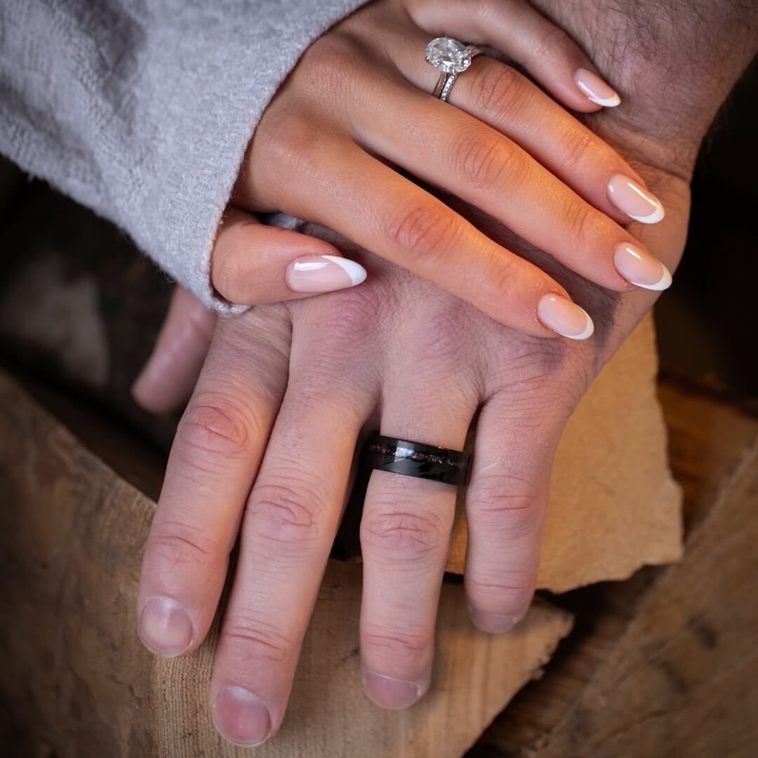 The Origin - Black Damascus Steel Ring With Crushed Meteorite & Dinosaur Bone (8mm)