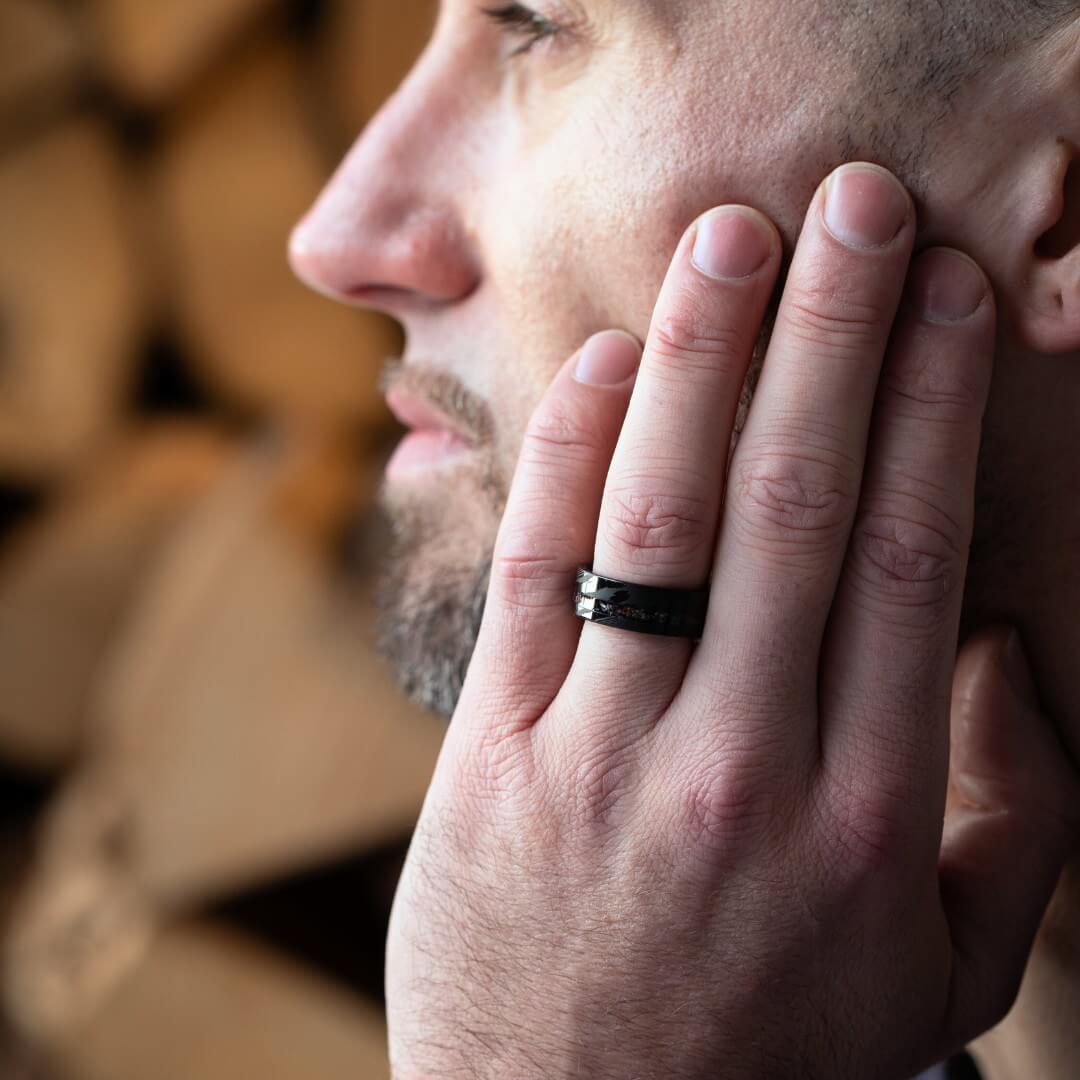 The Origin - Black Damascus Steel Ring With Crushed Meteorite & Dinosaur Bone (8mm)