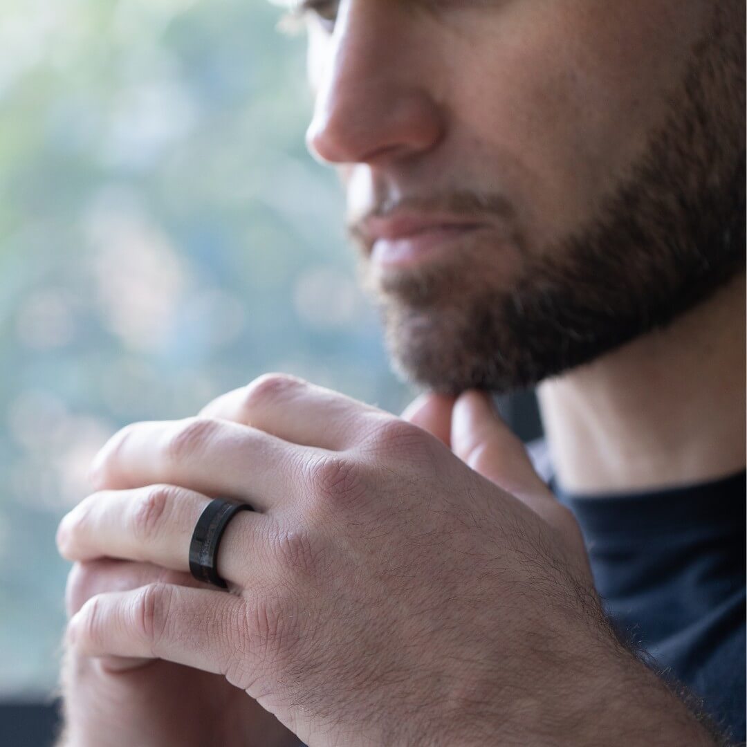 The Origin - Black Damascus Steel Ring With Crushed Meteorite & Dinosaur Bone (8mm)