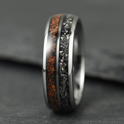 The Relic - Silver Tungsten Ring With Crushed Meteorite & Dinosaur Bone (6mm, 8mm)