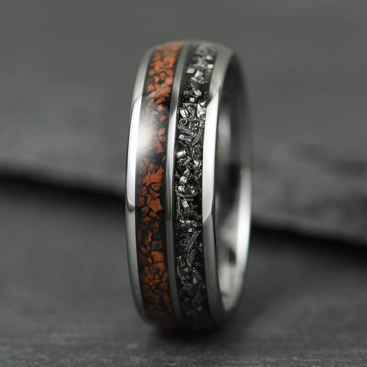 The Relic - Silver Tungsten Ring With Crushed Meteorite & Dinosaur Bone (6mm, 8mm)