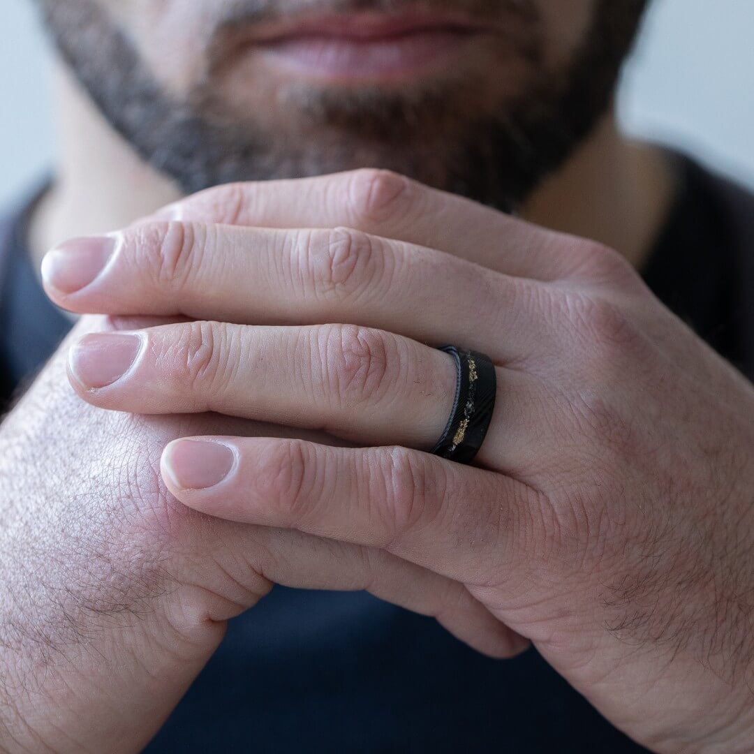 The Sol - Black Damascus Steel Ring With Crushed Meteorite & Gold Foil (8mm)
