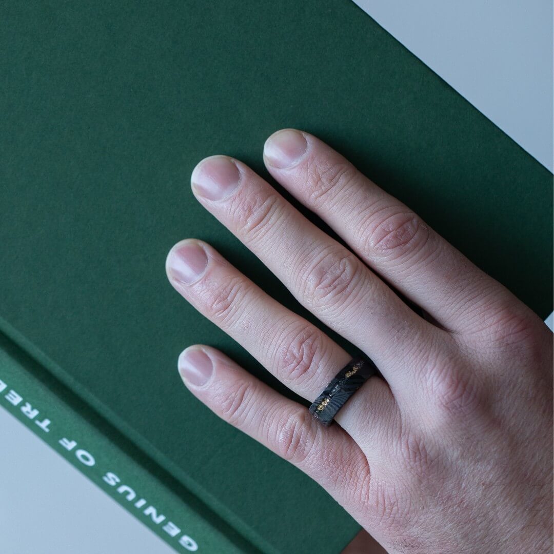 The Sol - Black Damascus Steel Ring With Crushed Meteorite & Gold Foil (8mm)