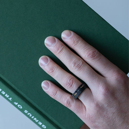 The Sol - Black Damascus Steel Ring With Crushed Meteorite & Gold Foil (8mm)