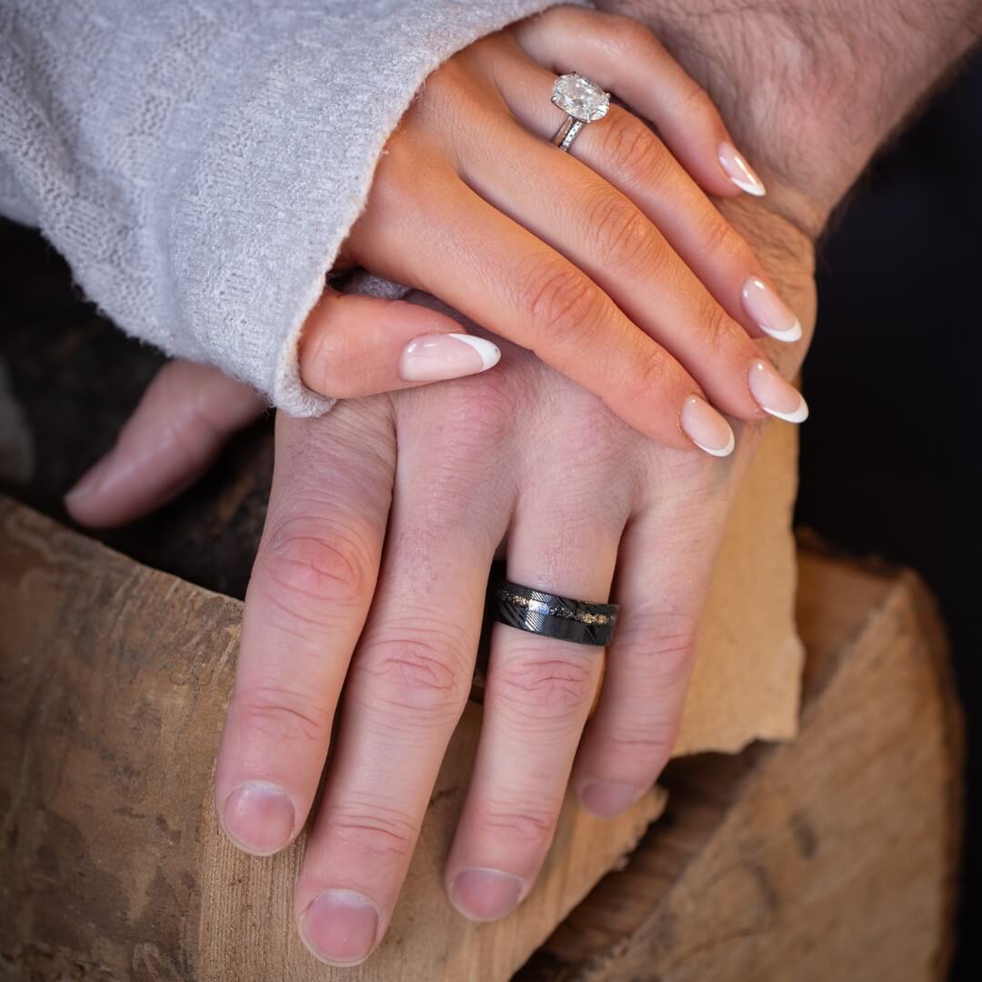 The Sol - Black Damascus Steel Ring With Crushed Meteorite & Gold Foil (8mm)