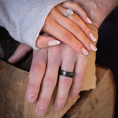 The Sol - Black Damascus Steel Ring With Crushed Meteorite & Gold Foil (8mm)