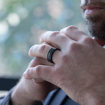 The Sol - Black Damascus Steel Ring With Crushed Meteorite & Gold Foil (8mm)