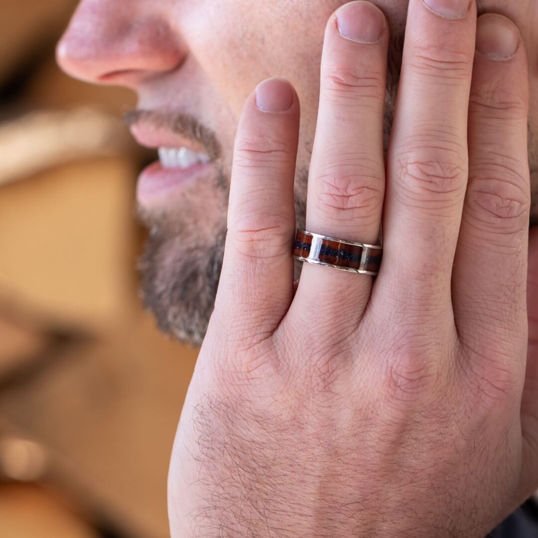 The Strata - Silver Titanium Ring With Sandstone & Wood (8mm)
