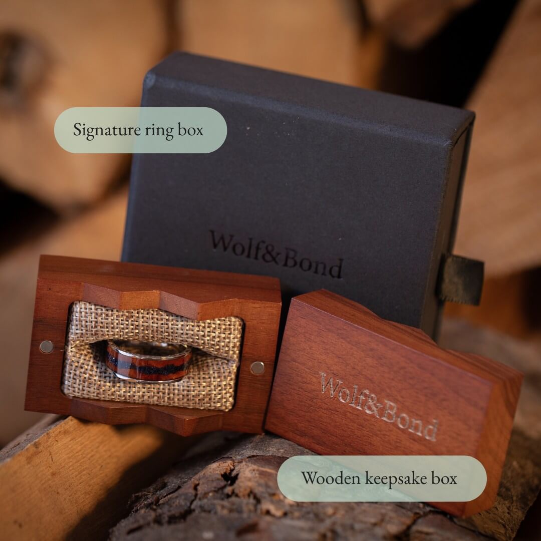 The Strata - Silver Titanium Ring With Sandstone & Wood (8mm)