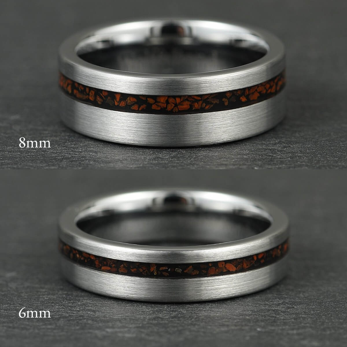 The Terra – Silver Smooth Tungsten Ring With Crushed Dinosaur Bone (6mm, 8mm)