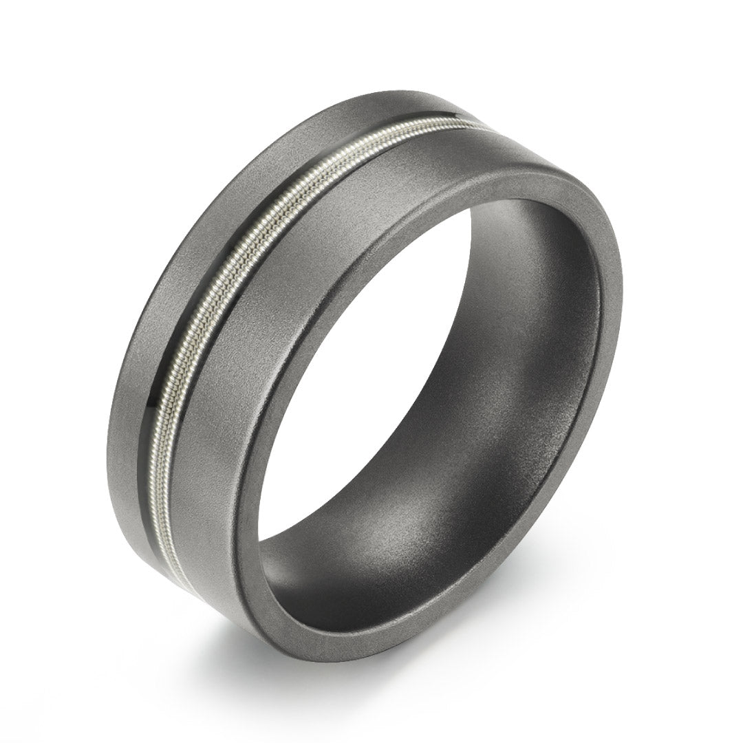 Men’s Titanium Wedding Ring - Smooth Dark Grey with Silver Guitar String - 8mm