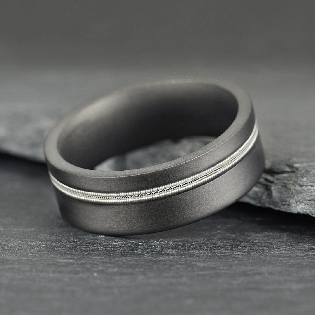 Men’s Titanium Wedding Ring - Smooth Dark Grey with Silver Guitar String - 8mm