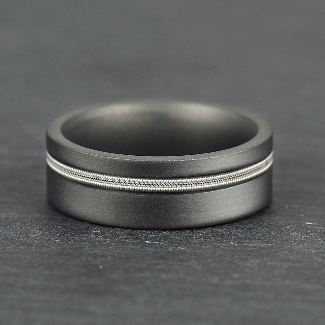 Men’s Titanium Wedding Ring - Smooth Dark Grey with Silver Guitar String - 8mm