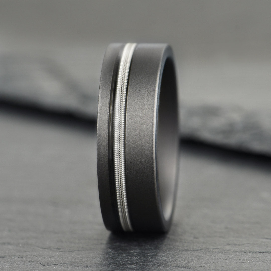 Men’s Titanium Wedding Ring - Smooth Dark Grey with Silver Guitar String - 8mm