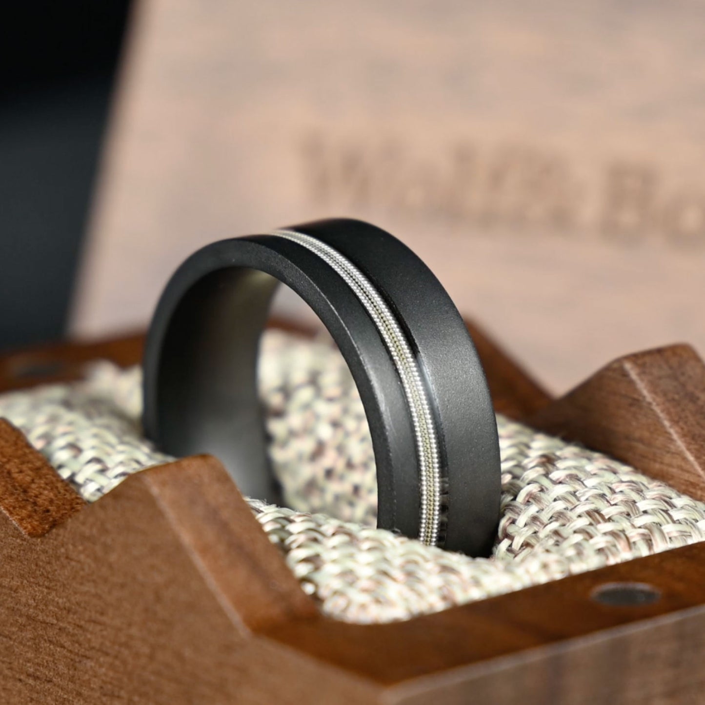 Men’s Titanium Wedding Ring - Smooth Dark Grey with Silver Guitar String - 8mm