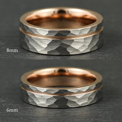 The Accord – Silver Tungsten Ring With Hammered Silver Finish & Rose Gold (6mm, 8mm)