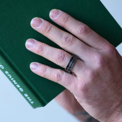 The Vestige - Silver Damascus Steel Ring With Crushed Meteorite & Dinosaur Bone (8mm)