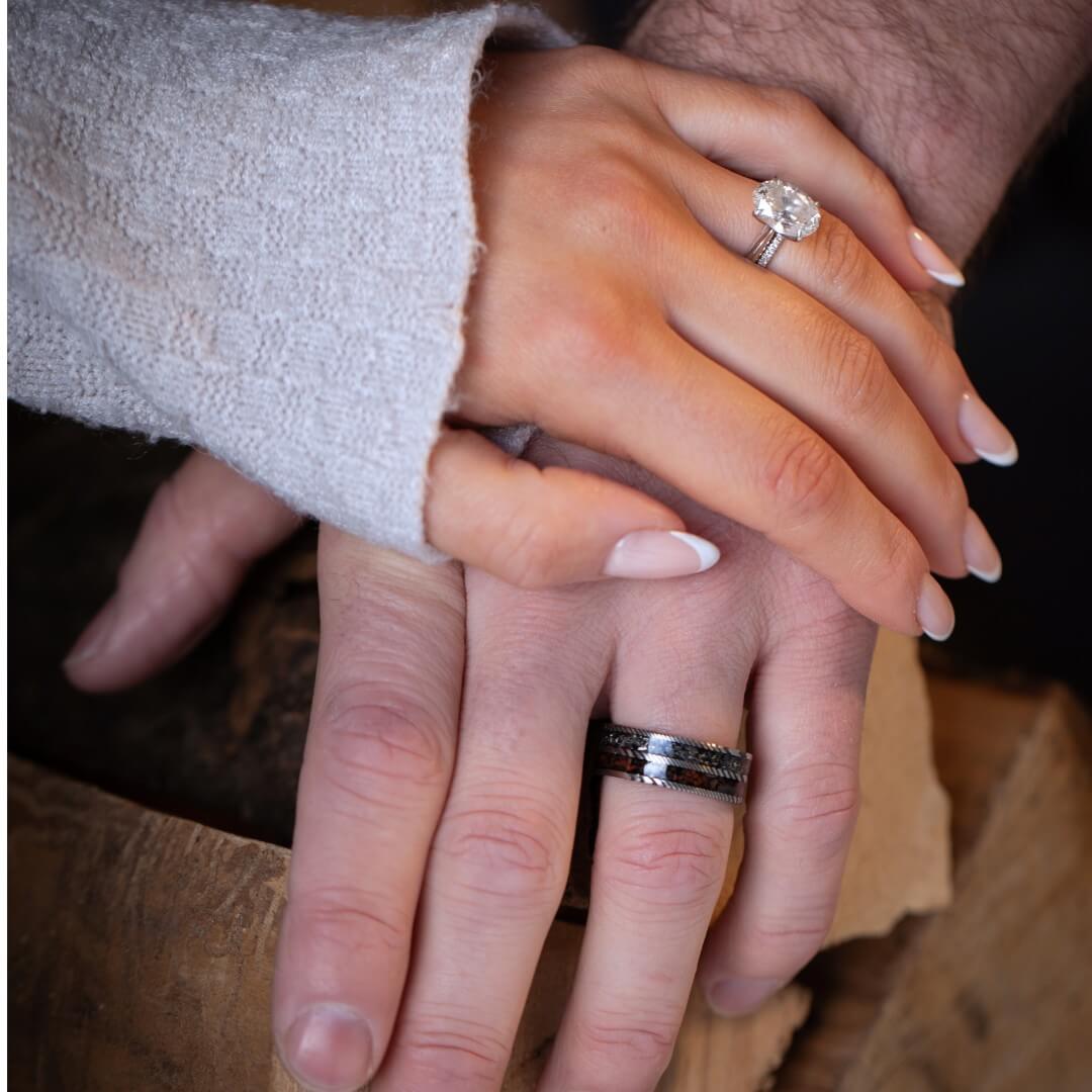 The Vestige - Silver Damascus Steel Ring With Crushed Meteorite & Dinosaur Bone (8mm)