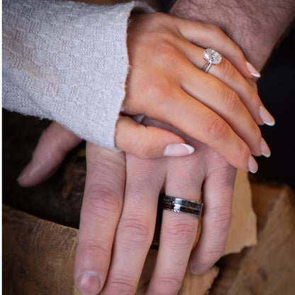 The Vestige - Silver Damascus Steel Ring With Crushed Meteorite & Dinosaur Bone (8mm)