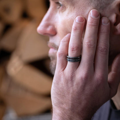 The Vestige - Silver Damascus Steel Ring With Crushed Meteorite & Dinosaur Bone (8mm)