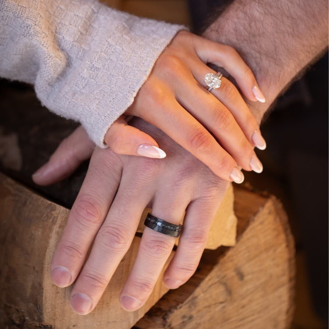 The Nebula – Black Hammered Tungsten Ring With Crushed Meteorite Inlay (8mm)