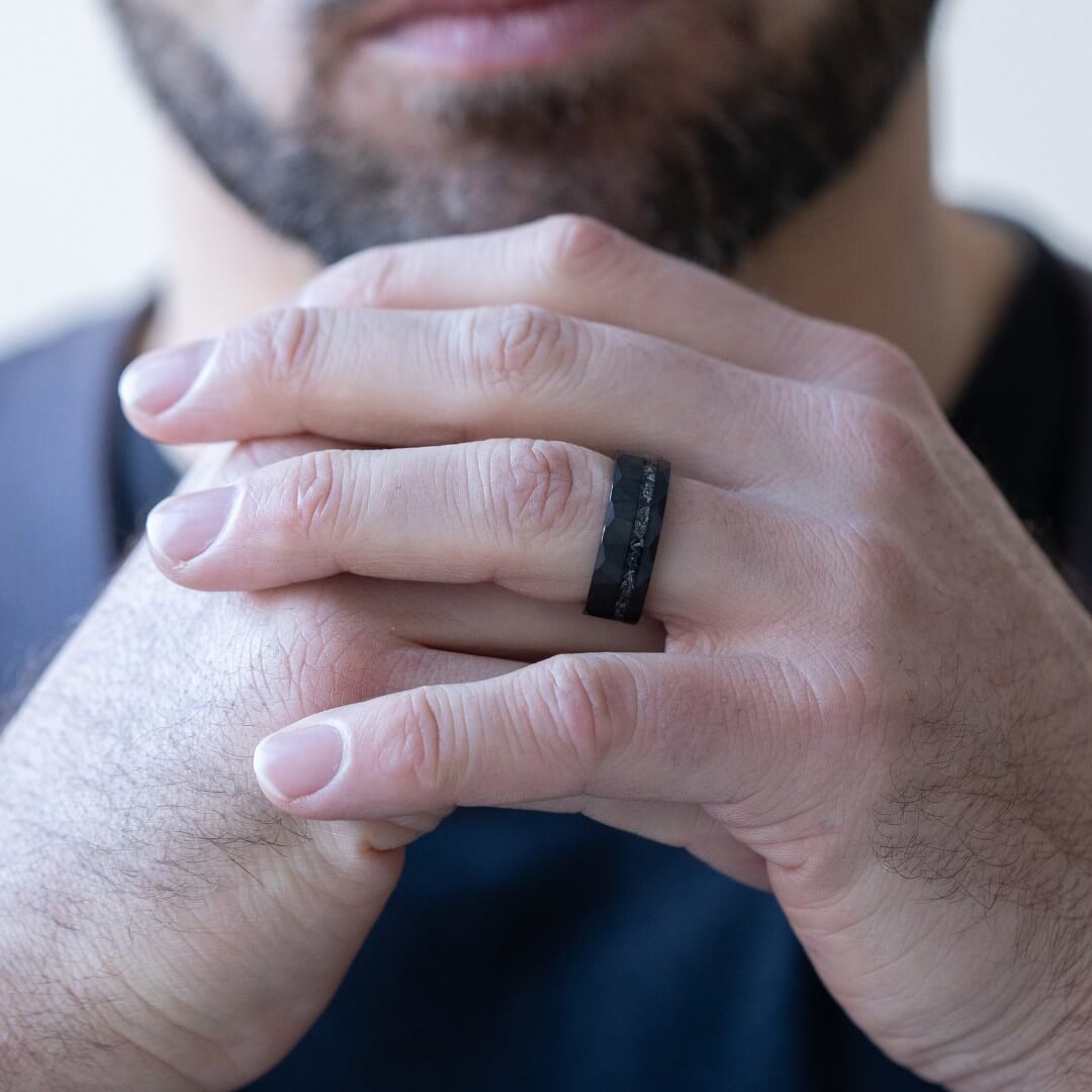 The Nebula – Black Hammered Tungsten Ring With Crushed Meteorite Inlay (8mm)