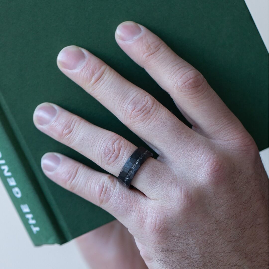 The Nebula – Black Hammered Tungsten Ring With Crushed Meteorite Inlay (8mm)