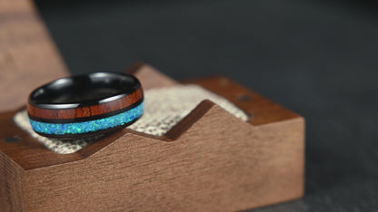 The Cove – Black Tungsten Ring With KOA Wood & Crushed Opal (8mm)