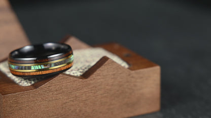 The Horizon – Black & Gold Tungsten Ring With Abalone Shell & Wood (8mm)
