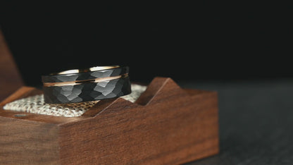 The Mantle – Black Tungsten Ring With Hammered Black Finish & Rose Gold (8mm)