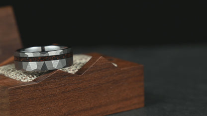 The Tyra – Silver Hammered Tungsten Ring With Crushed Dinosaur Bone (6mm, 8mm)