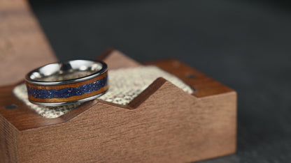 The Strata - Silver Titanium Ring With Sandstone & Wood (8mm)