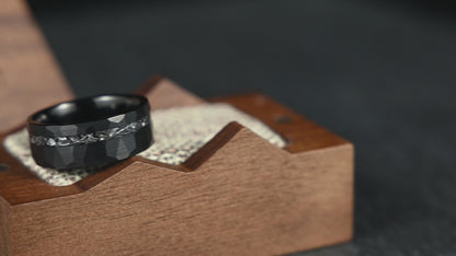 The Nebula – Black Hammered Tungsten Ring With Crushed Meteorite Inlay (8mm)